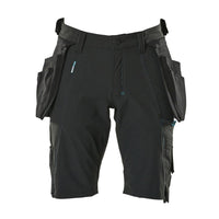 Shorts, removable hanging pockets, stretch craftsman shorts, black