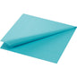 A mint blue cell tissue napkin 33x33 cm, 3-ply from Duni GmbH, partially unfolded on a white background, shows embossed edge patterns. The package contains 250 napkins.