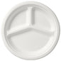 Ein runder, weißer Teller 3-geteilt Ø26 cm von Duni GmbH, hergestellt aus biologisch abbaubarer Bagasse, verfügt über drei separate Fächer - ideal für den umweltfreundlichen Einweggebrauch. Verkauft in einer Packung mit 50 Stück.