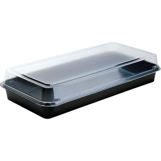 Eine Duni GmbH Lunchbox Schwarz / Transparent PS 270x135x54 (Packung mit 160 Stück), aus schwarzem Kunststoff mit klarem Deckel, ist leer auf weißem Hintergrund zu sehen. Der PS-Deckel sitzt sicher auf dem Behälter.