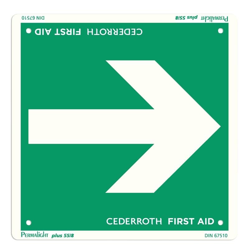 The Orkla Wound Care AB "Rescue Sign - Arrow" (1 piece) is a green-white safety sign with a large arrow pointing to the right and "CEDERROTH FIRST AID" at the bottom; the top text is upside down to indicate the direction of the first aid.