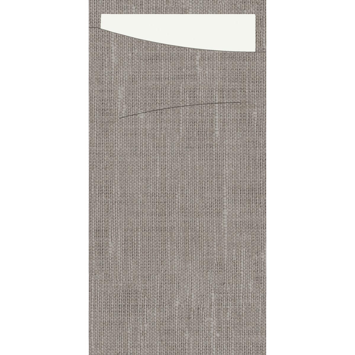 Close-up of a gray textured fabric with a straight seam and a white Dunisoft Sacchetto (230 x 115 mm) from Duni GmbH, which is partially tucked into a horizontal pocket at the top.