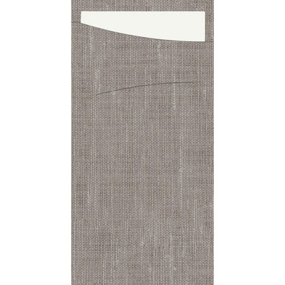 Close-up of a gray textured fabric with a straight seam and a white Dunisoft Sacchetto (230 x 115 mm) from Duni GmbH, which is partially tucked into a horizontal pocket at the top.