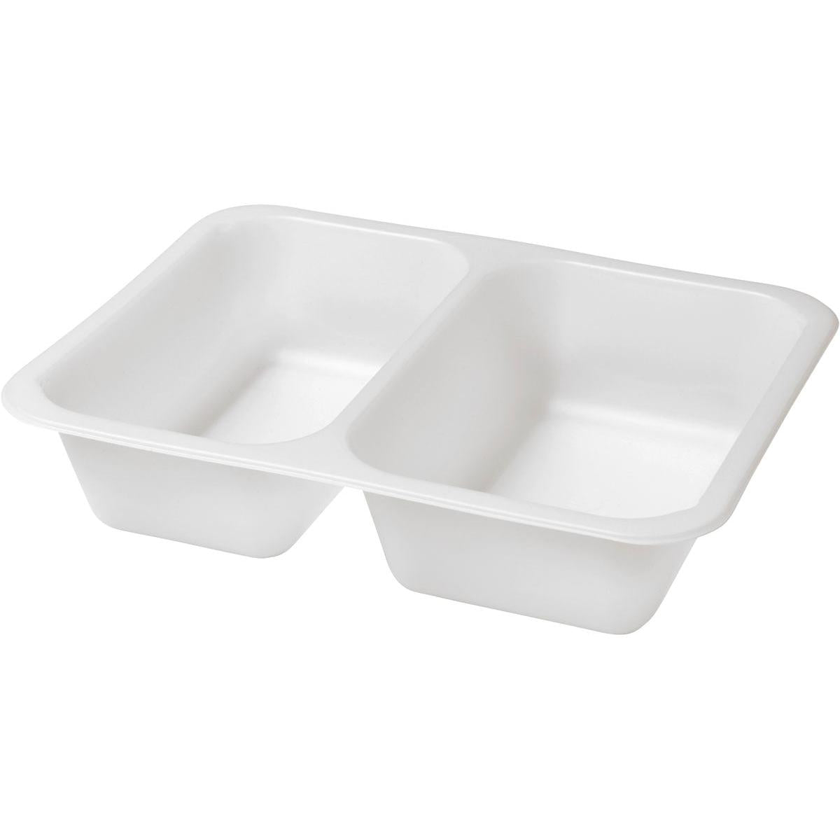 The Duni GmbH sealing tray Caterline bioplastic 2 White (227x178x50 mm, 216 pieces) is a white, rectangular bioplastic tray with two compartments - ideal as sustainable food packaging.