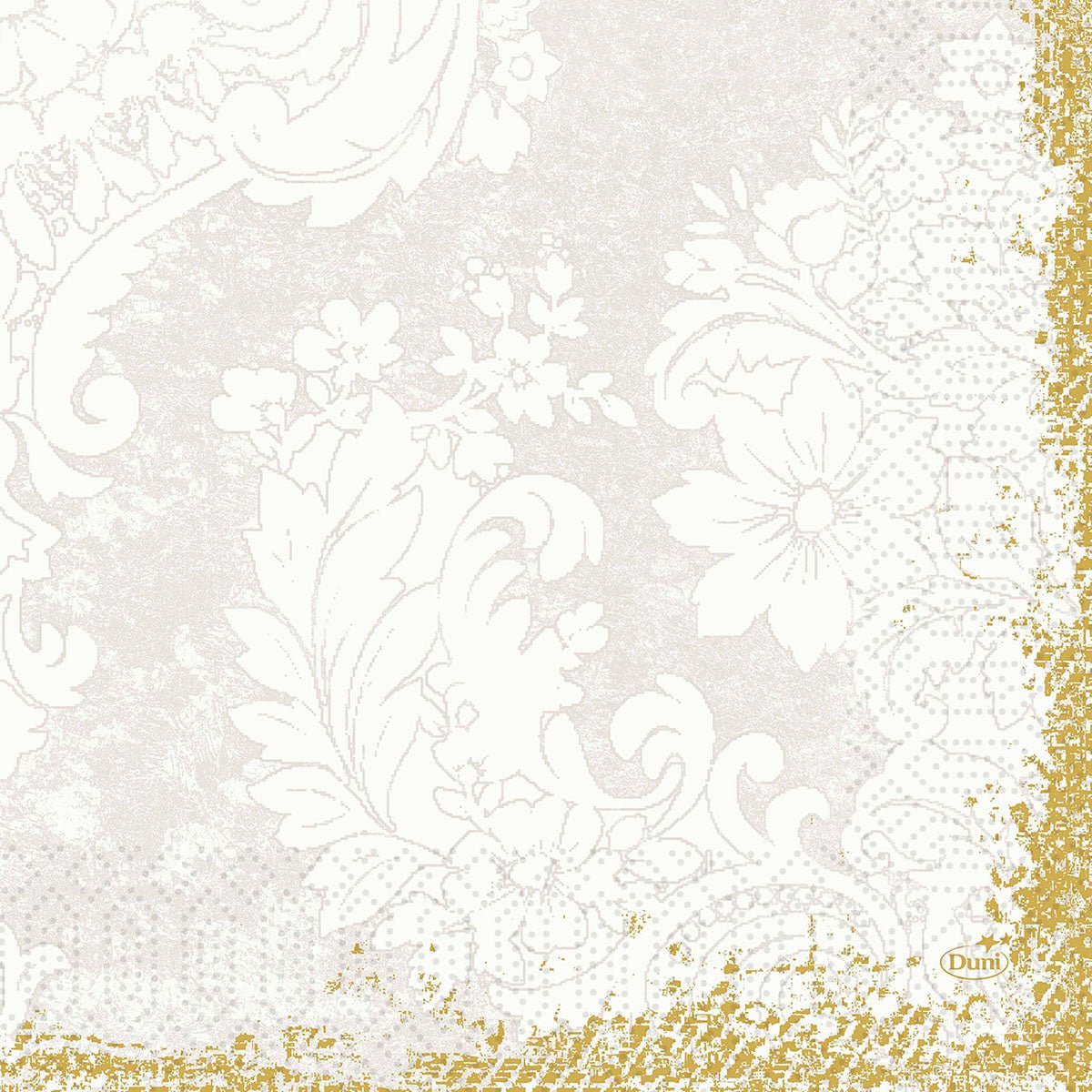 Weiße Blumen- und Blattmuster auf hellem Beige, mit einer goldenen Glitzerbordüre an zwei Kanten. Die Zellt.-Servietten 33x33 cm, 3-lagig (50er-Pack) der Duni GmbH sind im Vintage-Stil mit Spitze und dem Schriftzug "Duni" in der rechten unteren Ecke gestaltet.
