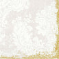 Weiße Blumen- und Blattmuster auf hellem Beige, mit einer goldenen Glitzerbordüre an zwei Kanten. Die Zellt.-Servietten 33x33 cm, 3-lagig (50er-Pack) der Duni GmbH sind im Vintage-Stil mit Spitze und dem Schriftzug "Duni" in der rechten unteren Ecke gestaltet.