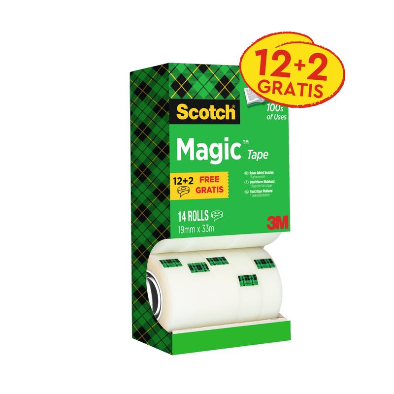 The 3M Deutschland GmbH Scotch® Magic™ Invisible Tape Value Pack contains 14 rolls (19 mm x 33 m) in green plaid packaging, with 2 rolls free. One roll is partially visible at the bottom.