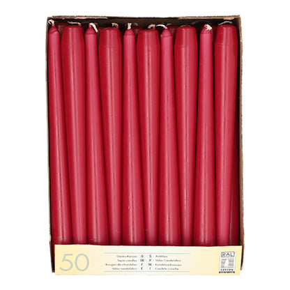 Eine Schachtel mit 50 Starpak Leuchterkerzen (Ø 2,2 cm - 25 cm) weiß, jeweils mit langer Brenndauer, in einer Lage angeordnet und am Boden mit Starpak-Produktinformationen beschriftet.