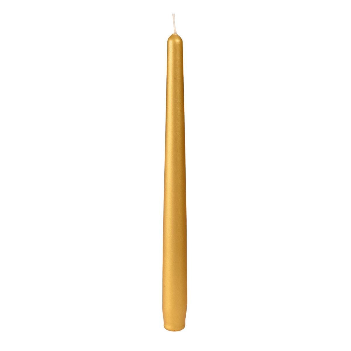A single unlit golden taper candle by Duni GmbH (approx. 6.5h burning time, 260 x 22 mm) stands upright against a white background.
