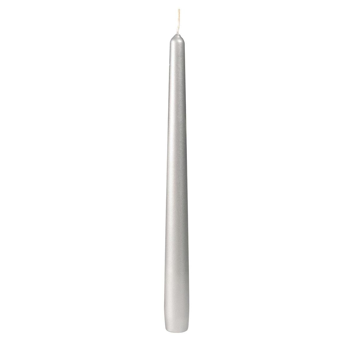 A single, unlit taper candle by Duni GmbH (260 x 22 mm, approx. 6.5h burning time) stands upright against a white background; it is silver, elegantly shaped, and tapers to a fine point with a visible wick.