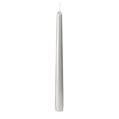 A single, unlit taper candle by Duni GmbH (260 x 22 mm, approx. 6.5h burning time) stands upright against a white background; it is silver, elegantly shaped, and tapers to a fine point with a visible wick.