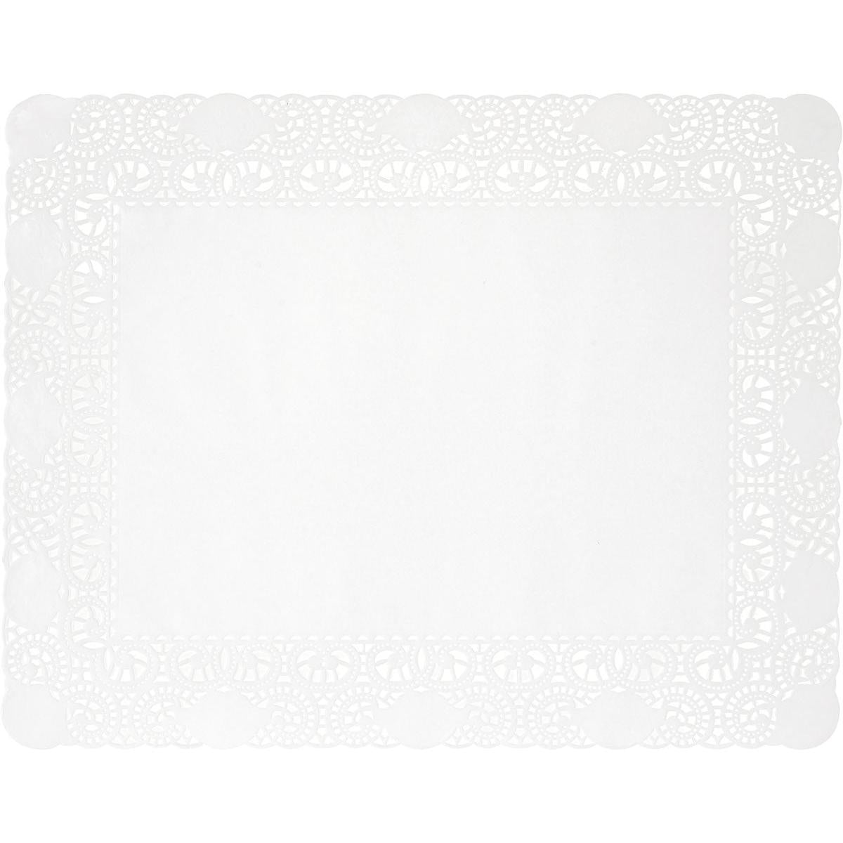 A Duni GmbH decorative lace paper 20x30 cm in white, made of high-quality craft paper, pack of 250 pieces, is rectangular with a solid central part and a delicate lace edge and is depicted from above on a plain background.