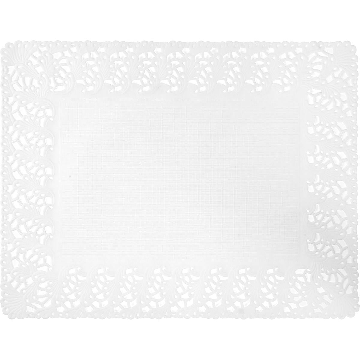 A rectangular Duni GmbH decorative lace paper 35x45 cm, white, with ornamental edge punching and solid center part, ideal for elegant table decorations or cake displays. The package contains 250 high-quality craft paper doilies.