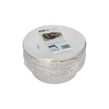 A stack of Starpak 25 trays, aluminum + insert lid, PP-coated by Starpak - round disposable trays for catering or take-away, packed in plastic with a label on top containing product information and a food image.