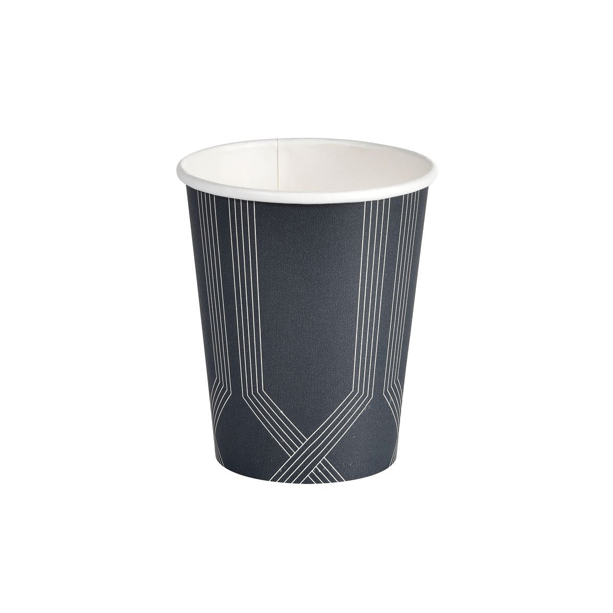 Der Circuit Kaffeebecher Bedruckt PAP/PE von Duni GmbH steht aufrecht vor einem weißen Hintergrund und zeigt seine schwarze Oberfläche mit weißen geometrischen Linienmustern für einen stilvollen, praktischen Look.