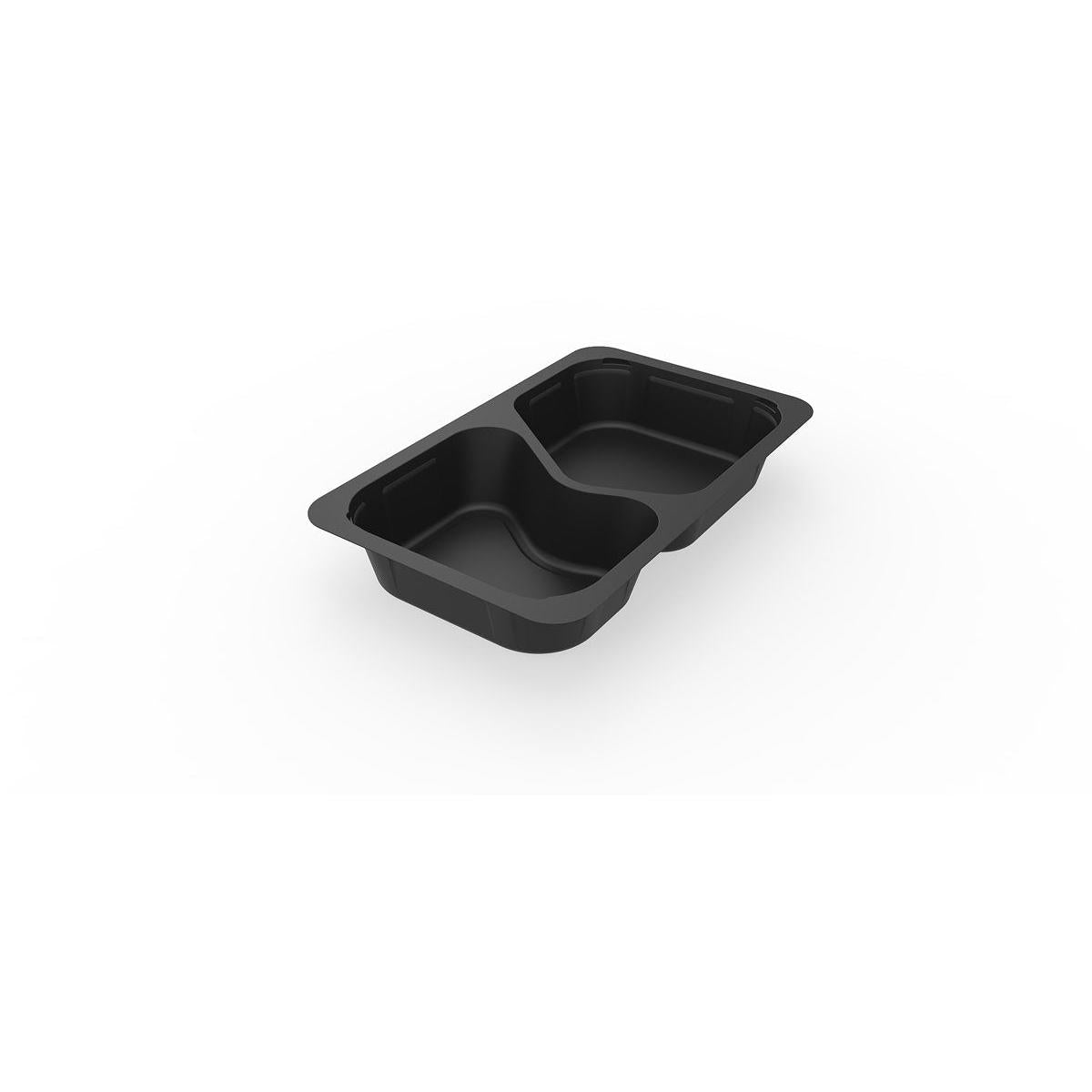 A 1/4 GN menu tray 2 Black PP/MIN (265x162x43 mm) from Duni GmbH with two rounded compartments, ideal for gastronomic use, stands on a white background. The package contains 225 pieces.