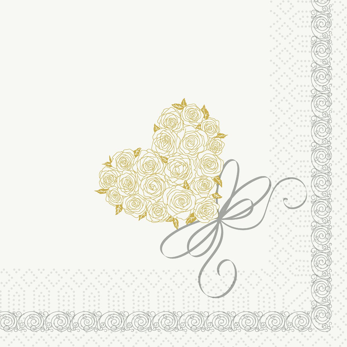 A golden heart with rose motifs on a white background, a gray bow, and an ornate border - these 3-ply tissue napkins 33 x 33 cm (pack of 50 pieces) from Duni GmbH are ideal for special occasions and bring elegance to any table.
