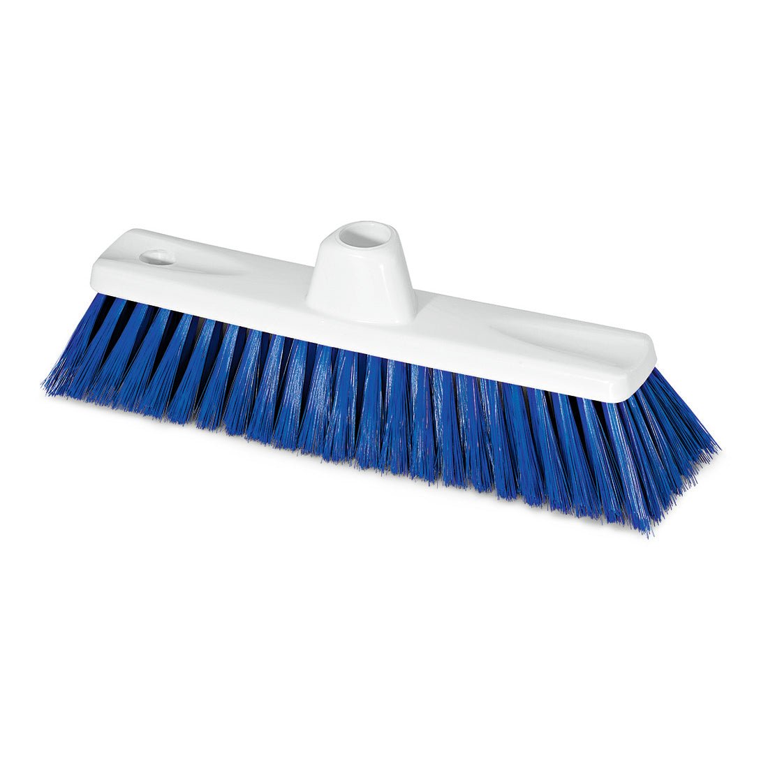 Die Nölle Profi-Bürste HACCP Feinbesen 30 cm von Nölle Profi Brush Bürsten- & Pinseltechnik e.K. hat blaue Synthetikborsten, einen weißen Kunststoffboden, ein mittiges Griffloch und ein zusätzliches kleineres Seitenloch für den vielseitigen Einsatz.