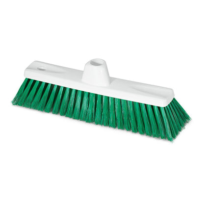 Der Nölle Profi Brush HACCP Feinbesen 30 cm von Nölle Profi Brush Bürsten- & Pinseltechnik e.K. ist ein weißer Kunststoffbesen mit grünen Kunststoffborsten, abgebildet ohne Stiel auf weißem Grund.