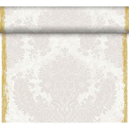 Eine Tapetenrolle mit hellbeigem Blumendamast und Goldbordüren, perfekt für eine klassische Tischdekoration oder in Kombination mit dem Dunicel-Tischläufer Tête-à-Tête 24 m × 0,4 m (Duni GmbH) für ein elegantes Ambiente.