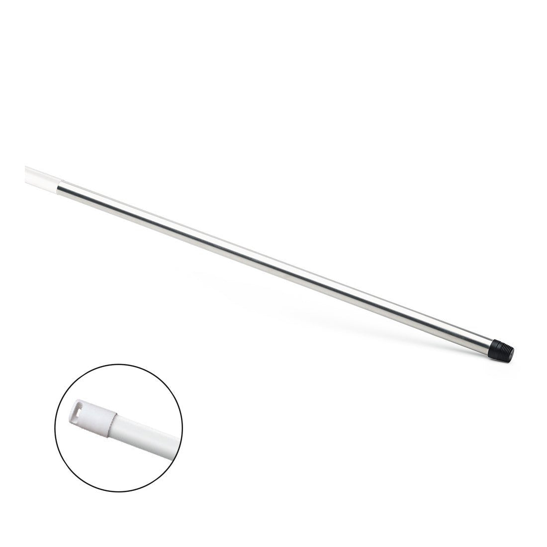 The Nölle Profi Brush HACCP aluminum handle 140 cm from Nölle Profi Brush Bürsten- & Pinseltechnik e.K. has a black cap at one end, a notched white plastic tip, is hygienic and HACCP-compliant. Depicted on a solid white background.