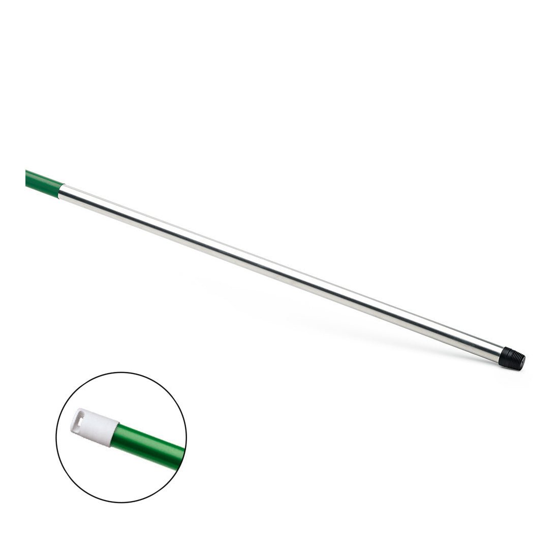 Green and silver broom handle made of metal (140 cm) from Nölle Profi Brush Bürsten- & Pinseltechnik e.K., depicted at an angle, with a close-up of the black thread and connection point. Model: HACCP aluminum handle.