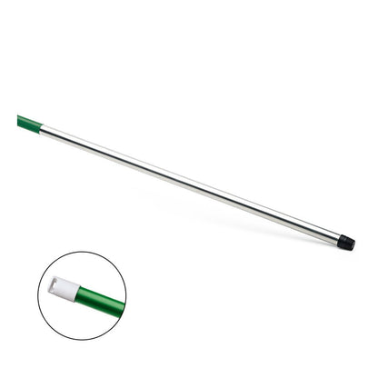 Green and silver broom handle made of metal (140 cm) from Nölle Profi Brush Bürsten- & Pinseltechnik e.K., depicted at an angle, with a close-up of the black thread and connection point. Model: HACCP aluminum handle.