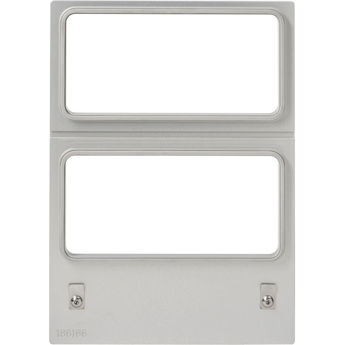 Die Kassette DF10 für Sandwich Tray 181x96x85 mm (2-nutzig) der Duni GmbH hat einen silbernen Rahmen mit zwei rechteckigen Öffnungen, zwei Schrauben an den unteren Ecken und die Nummer "186166" unten links auf weißem Grund.