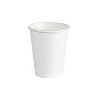 A Duni GmbH coffee mug, 240 ml, PAP/PLA white, is shown standing upright and empty against a white background. The mug has a simple, smooth design with no markings or decorations. The package contains 40 pieces.
