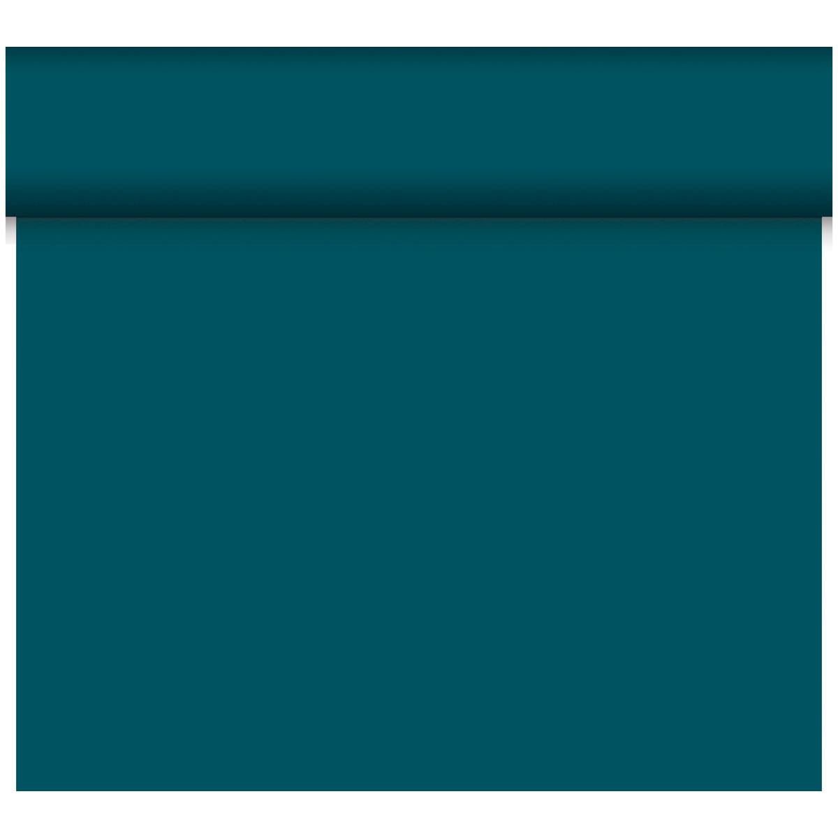Der Dunicel-Tischläufer Tête-à-Tête 24 m x 0,4 m (20 Abschnitte) der Duni GmbH in teal ist teilweise auf weißem Untergrund ausgerollt - ideal für stilvolle Tischdekorationen oder elegante Tête-à-Tête-Situationen.