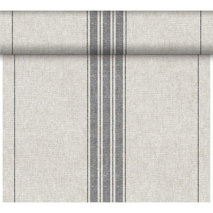 Der Dunicel-Tischläufer Tête-à-Tête der Duni GmbH (24 m x 0,4 m, 20 Teile) ist in Hellgrau mit strukturierter Oberfläche und drei schmalen schwarzen Streifen gehalten - ideal für elegante Tischdekorationen oder stilvolle Tête-à-Tête-Situationen.