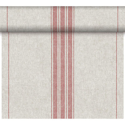 Der Dunicel-Tischläufer Tête-à-Tête von Duni GmbH (24 m x 0,4 m, 20 Abschnitte) ist ein hellbeiger Läufer mit gewebter Struktur und symmetrischen roten Streifen - ideal für eine stilvolle Tischdekoration.