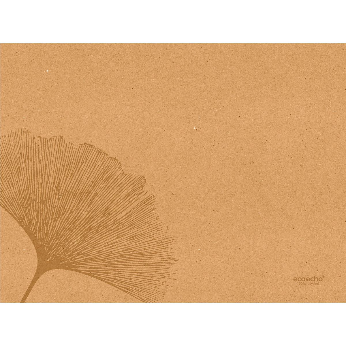 A light brown, textured background with a faint ginkgo leaf illustration highlights the beauty of the Duni GmbH paper placemats 30 x 40 cm Organic (pack of 250 pieces), with "ecoecho" in small print in the lower right corner.