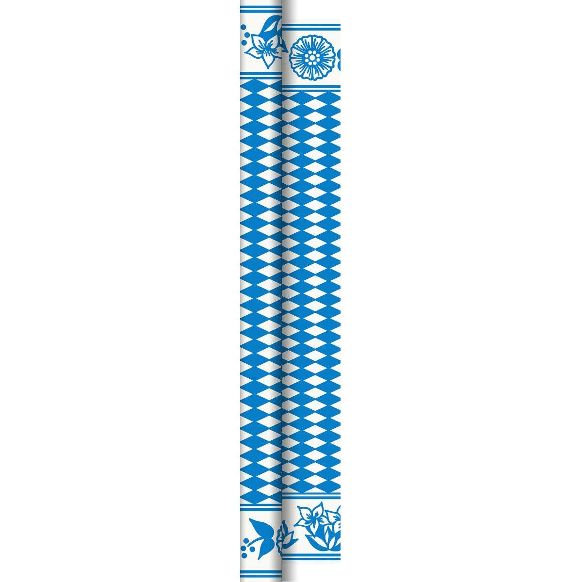 Die Dunicel Rolle 40x1,18 m Bayern Raute der Duni GmbH ist mit einem bayerischen Rautenmuster und floralen Akzenten, darunter Sonnenblumen, versehen und verleiht Ihrer Tischdekoration festlichen Charme. 1 hochwertige Rolle enthalten.