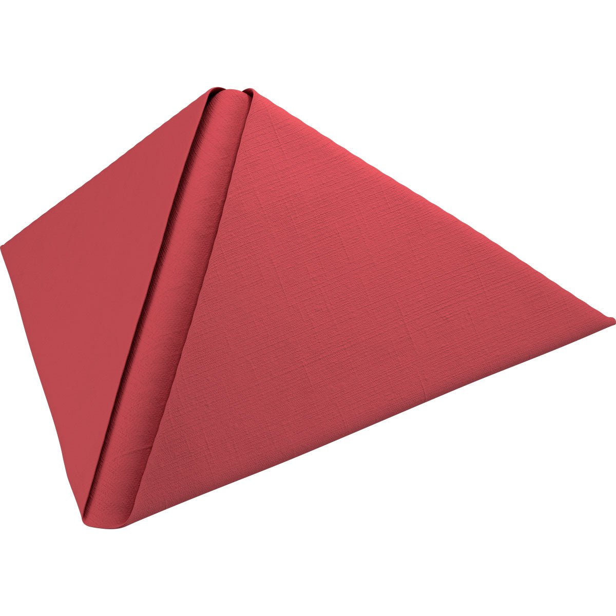 A Dunilin napkin 48 x 48 cm 1/4 fold by Duni GmbH, in red, folded in a pyramid shape with visible textured fabric and sharp edges, on a white background - the perfect elegant disposable napkins for stylish occasions.