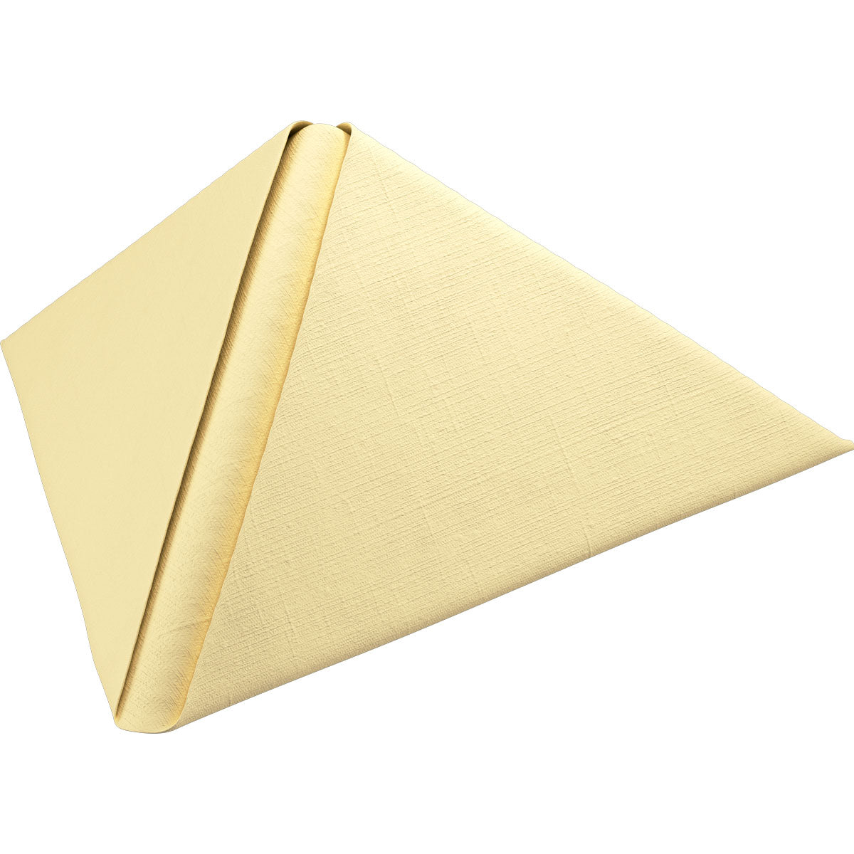 A beige or light yellow Dunilin napkin 48 x 48 cm 1/4 fold by Duni GmbH stands upright in a triangular fold on a white background and emphasizes the elegant look of these high-quality disposable napkins.