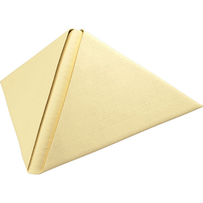 A beige or light yellow Dunilin napkin 48 x 48 cm 1/4 fold by Duni GmbH stands upright in a triangular fold on a white background and emphasizes the elegant look of these high-quality disposable napkins.