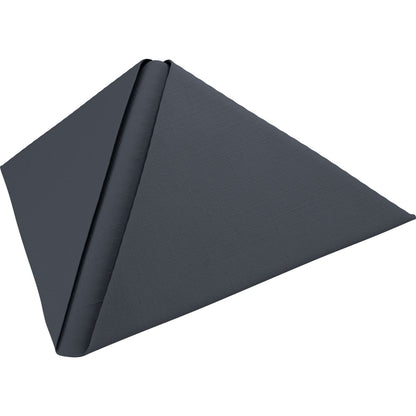 A dark gray Dunilin napkin 48 x 48 cm 1/4 fold by Duni GmbH is folded into a triangular, pyramid-like shape, with one edge rolled inward, and placed on a white background.