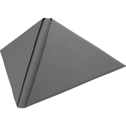 A neatly folded gray Dunilin napkin 48 x 48 cm 1/4 fold by Duni GmbH stands upright in a triangular, pyramid-like shape against a plain white background.