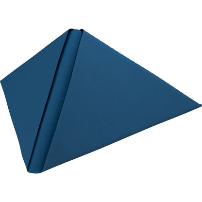 A blue Dunilin napkin 48 x 48 cm 1/4 fold by Duni GmbH is folded into a standing triangular pyramid shape and placed on a white background.