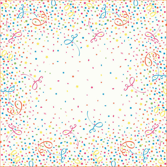 The discontinued item: Dunicel table covers 84 x 84 cm Confetti by Duni GmbH features a lively border of colorful confetti, stars, and swirls - ideal for table decoration with red, blue, yellow, green, and orange on bright white. Pack of 20 pieces.