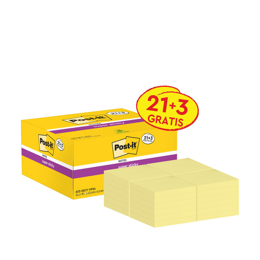 Eine gelbe Schachtel 3M Post-it® Super Sticky Notes, Gelb (47,6 x 47,6 mm), PEFC-zertifiziert, mit "21+3 Gratis" Label von 3M Deutschland GmbH; davor sind mehrere Stapel Haftnotizen gelb aufgereiht.