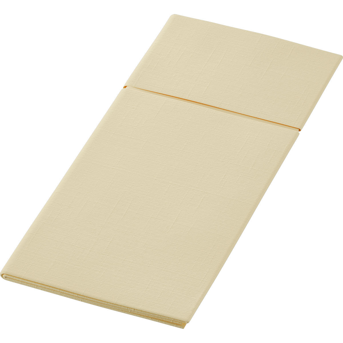 The Duniletto 480 x 400 mm from Duni GmbH is a folded, rectangular, beige coaster or cushion with a fold that divides it into two parts - ideal as a stylish table accessory or cutlery pouch, here on a white background.