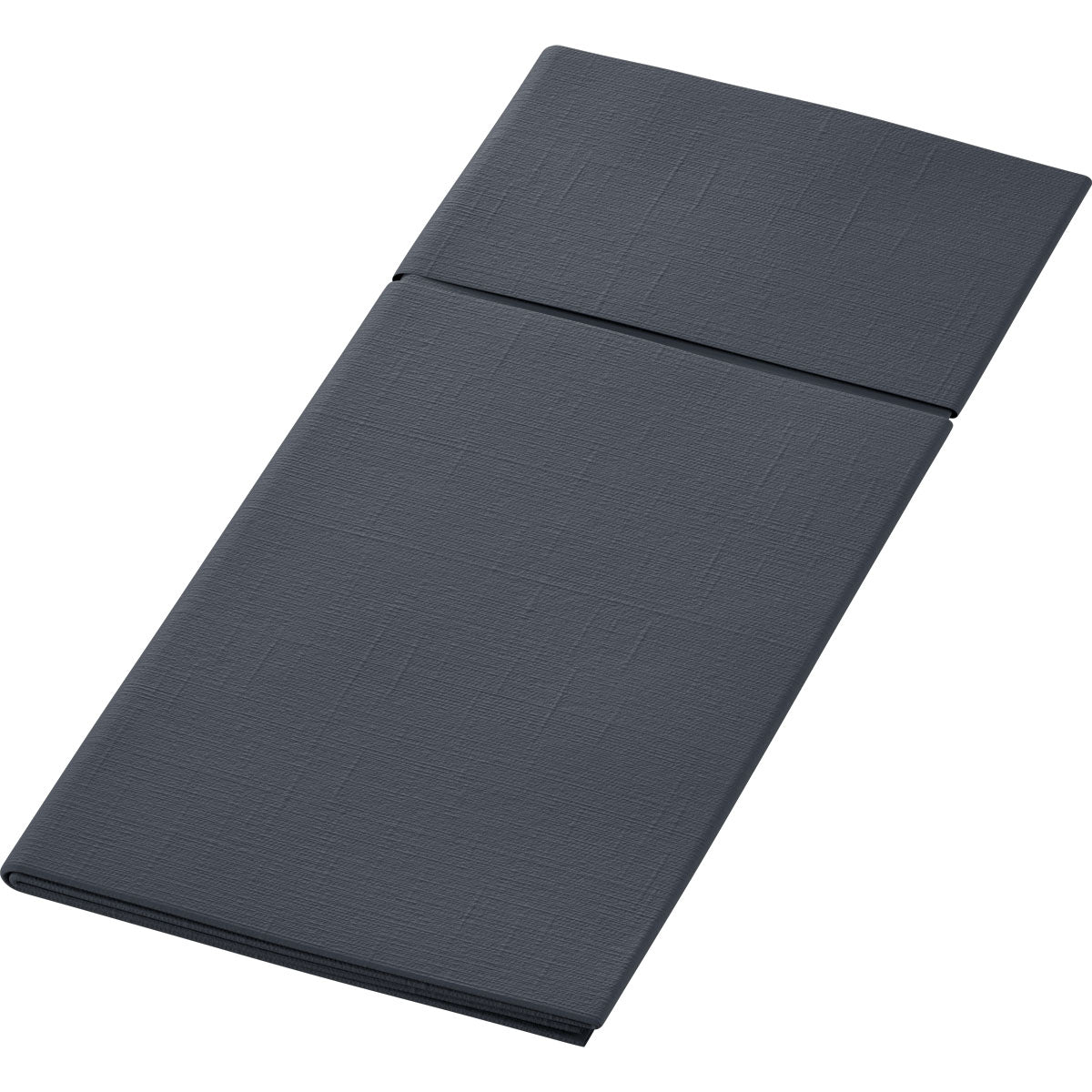 A neatly folded Duniletto 480 x 400 mm passe-partout from Duni GmbH in dark gray with a textured surface and visible folds, depicted on a simple white background - the ideal cutlery pouch and stylish table accessory for any set table.