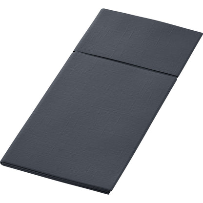 A neatly folded Duniletto 480 x 400 mm passe-partout from Duni GmbH in dark gray with a textured surface and visible folds, depicted on a simple white background - the ideal cutlery pouch and stylish table accessory for any set table.
