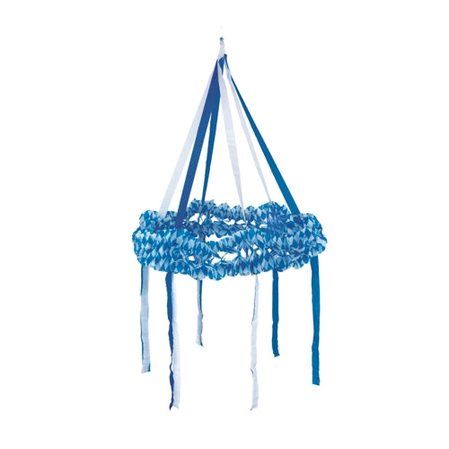 The PAPSTAR paper wreath Ø 75 cm from PAPSTAR GmbH is a blue circular garland, flame retardant, with fringes at the bottom and ribbons for hanging and decorating. Delivered in a single package.