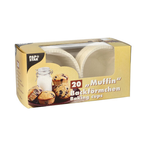 A box with 20 white PAPSTAR muffin baking cups (Ø 5 cm, 3.5 cm high) from PAPSTAR GmbH comes in a folding box with a window and muffin motif.