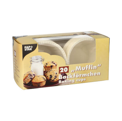 A box with 20 white PAPSTAR muffin baking cups (Ø 5 cm, 3.5 cm high) from PAPSTAR GmbH comes in a folding box with a window and muffin motif.