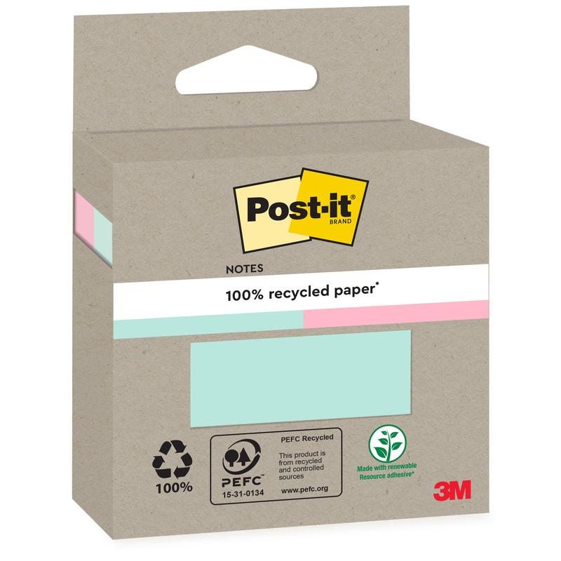 A box of Post-it® Recycling Notes (76 x 76 mm, 100 sheets, 100% PEFC) by 3M Deutschland GmbH has a beige exterior with recycling symbols and Post-it branding.
