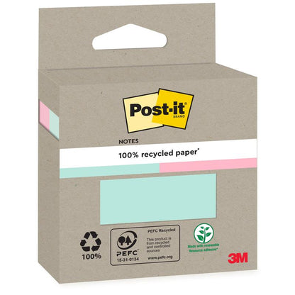 A box of Post-it® Recycling Notes (76 x 76 mm, 100 sheets, 100% PEFC) by 3M Deutschland GmbH has a beige exterior with recycling symbols and Post-it branding.